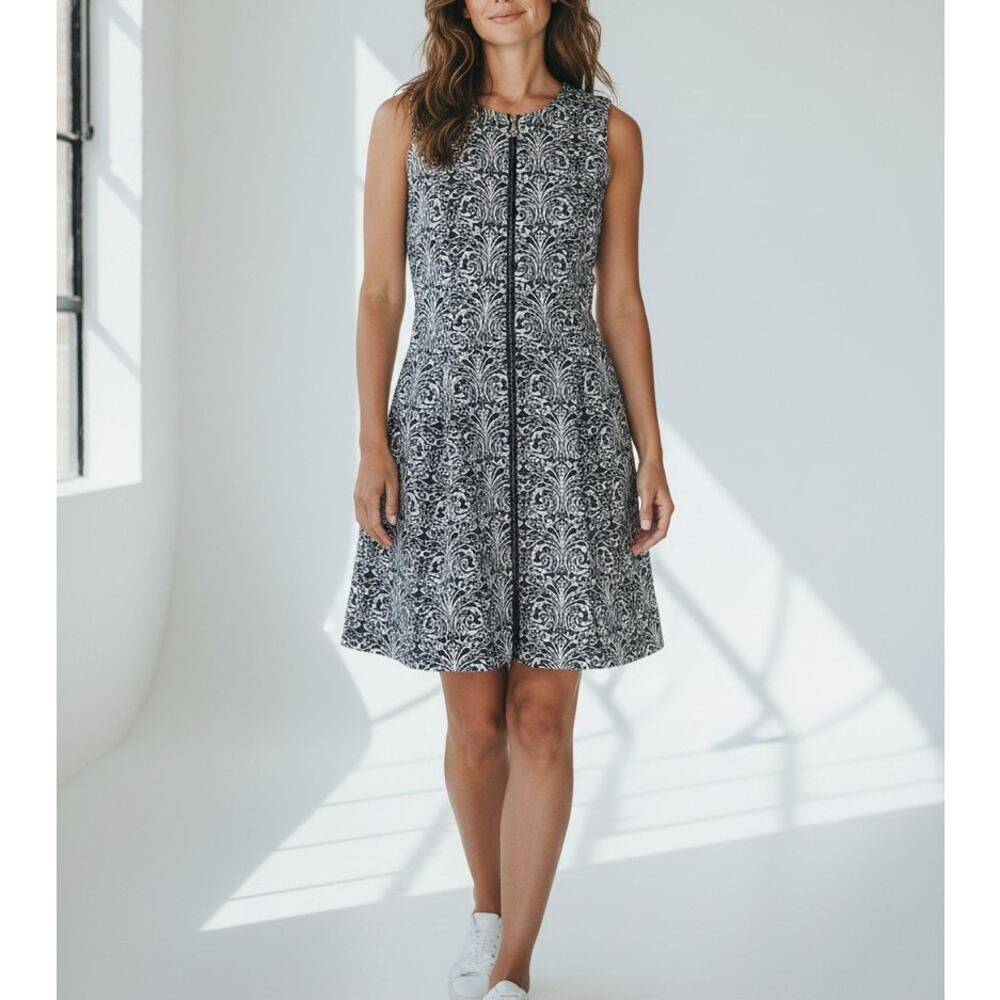 J. McLaughlin Sleeveless Damask Print Zip Front Sheath Dress Navy White Sz Small
